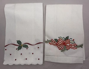 (2) NWOT White Embroidered Christmas Motif Hand Towels - Bow, Holly, Greens - Picture 1 of 3