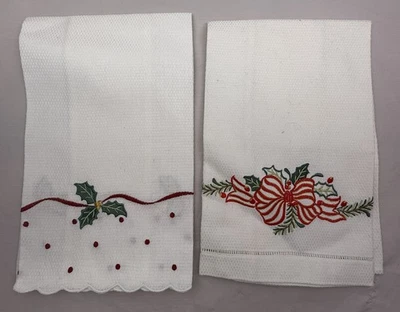(2) NWOT White Embroidered Christmas Motif Hand Towels - Bow, Holly, Greens - Image 1 of 3