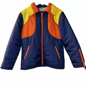 Vintage Montgomery Ward Skijacke versteckte Kapuze blau orange gelb Jugend Gr. 16 Retro - Bild 1 von 17