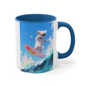 Colorida taza de café 11 oz blanco gato gatito surf playa feliz vacaciones de verano - Imagen 1 de 21
