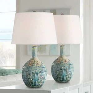 Mid Century Modern Table Lamps Set of 2 Ceramic Teal Glaze Living Room Bedroom - Picture 1 of 8