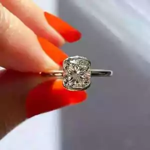2Ct Cushion-Cut Real Moissanite Half Bezel Engagement Ring 14k White Gold Plated - Picture 1 of 4