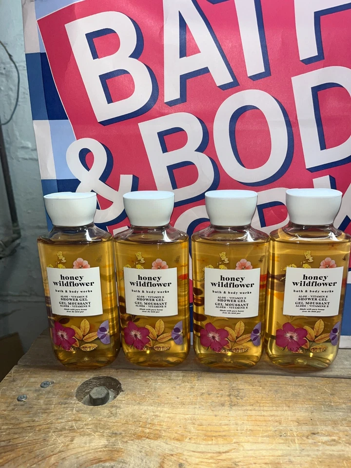 4 Bath & Body Works HONEY WILDFLOWER Aloe & Vitamin E 10oz SHOWER GEL WASH - Image 1 of 1