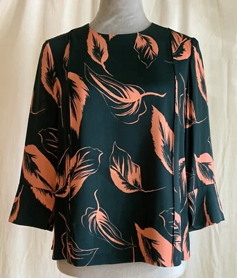 Top Nordstrom Signature/Caroline Issa estampado seda verde/coral, manga 3/4, talla 2 Foto 1 de 4