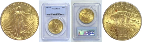 1922-S $20 Gold Coin PCGS MS-63 Cover