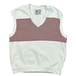 Vintage Large Adidas Knit Sweater Vest White And Red Stripe - Picture 1 of 5