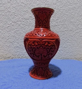 Chinese Red Lacquered Cinnabar Vase with Blue Enamel 6 Inch - Picture 1 of 10