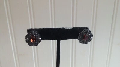 Vintage Textured Gun Metal Gray Faux Amber Crystal Inset Oval Clip-on Earrings - Image 1 of 3