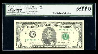 DBR 1977 $5 FRN New York Fr. 1974-B Gem Legacy 65 PPQ Serial B88767173A - Image 1 of 2
