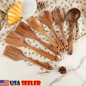 7 Pieces Wooden Kitchen Utensil Set Cook Tool Spoons for Cooking Nonstick Teak - Picture 1 of 11
