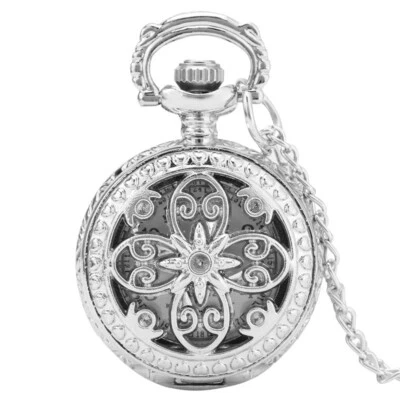Mini Size Silver Hollow Flower Design Women Lady Quartz Analog Pocket Watch Gift - Image 1 of 4