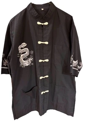 Camisa FEDO Vintage Negra Dragones Rana Asiática China Cuello Mandarín Bolsillos LG Foto 1 de 4