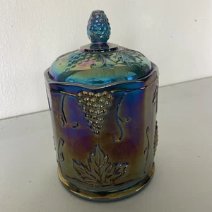Vintage Indiana Carnival Glass Harvest Grape Canister Jar Iridescent Blue Pink - Picture 1 of 10