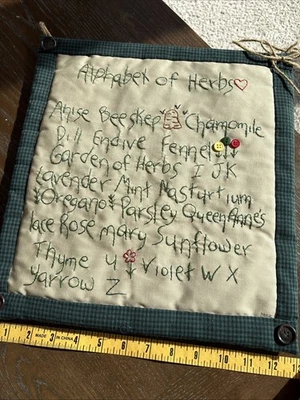Primitive Handmade Embroidered ABC Herbs Wall Hanging Cottage Core - Image 1 of 4