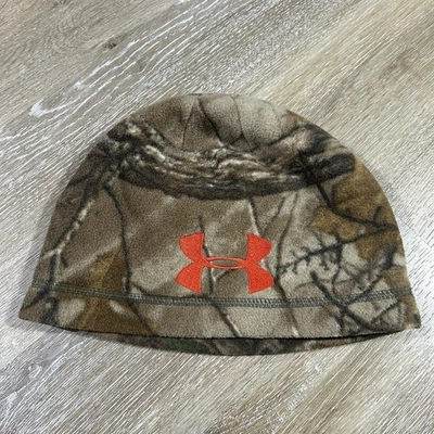 Under Armour Hat Beanie Mens One Size Hardwood Camo Fleece Hunting Orange Logo - Image 1 of 4