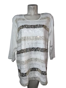 Quacker Factory Top Women's Sz 2X White Sequins Lace 3/4 Slv Knit Shirt A230735 - Picture 1 of 6