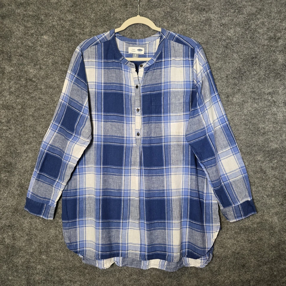 Old Navy Top Womens XL Blue White Plaid Cotton Linen Tunic Long Sleeve Henley - Image 1 of 4