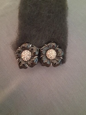 NWT Swarovski Black Enamel Crystal Flower Clip On Earrings - Image 1 of 3