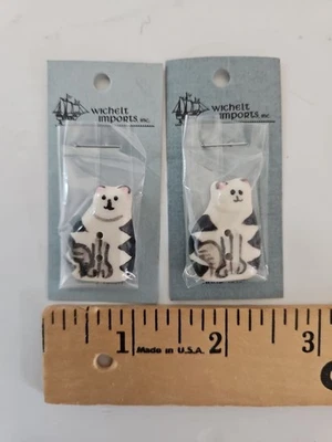 LOT OF 2 Wichelt Imports CAT Handpainted Ceramic Buttons #2434 Black & White NIP - Image 1 of 2