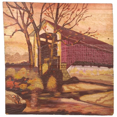 Pintura de arte popular original vintage Indiana puente cubierto masonita 'JWR' ~16"H Foto 1 de 4