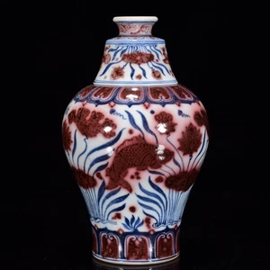 Collectable Art Chinese Hand Painting Underglaze Red Porcelain Fish Pot - Picture 1 of 9