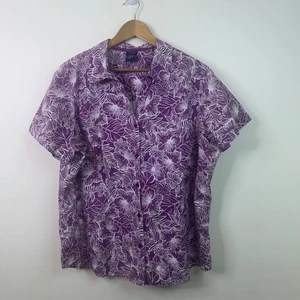 Basic Editions Woman Purple Floral Print Short Sleeve Button Up Shirt Top 2X - Picture 1 of 9
