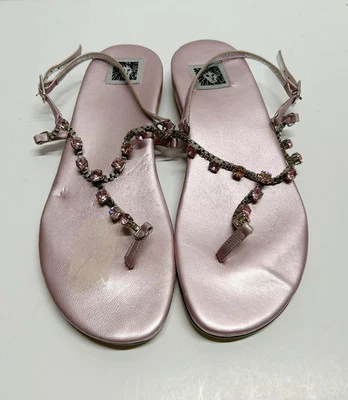 Sandalias de Tanga Anne Klein Rosa Brillante Piel de Cordero Estrás Italia 7.5 Foto 1 de 4