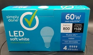 NEW Simply Done Soft White 4 Pack 60 Watt Light Bulbs A19 - Picture 1 of 6