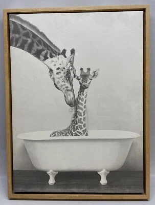 Cute Mother Helping Baby Giraffe in Tub Black and White Wall Art Canvas - Image 1 of 4