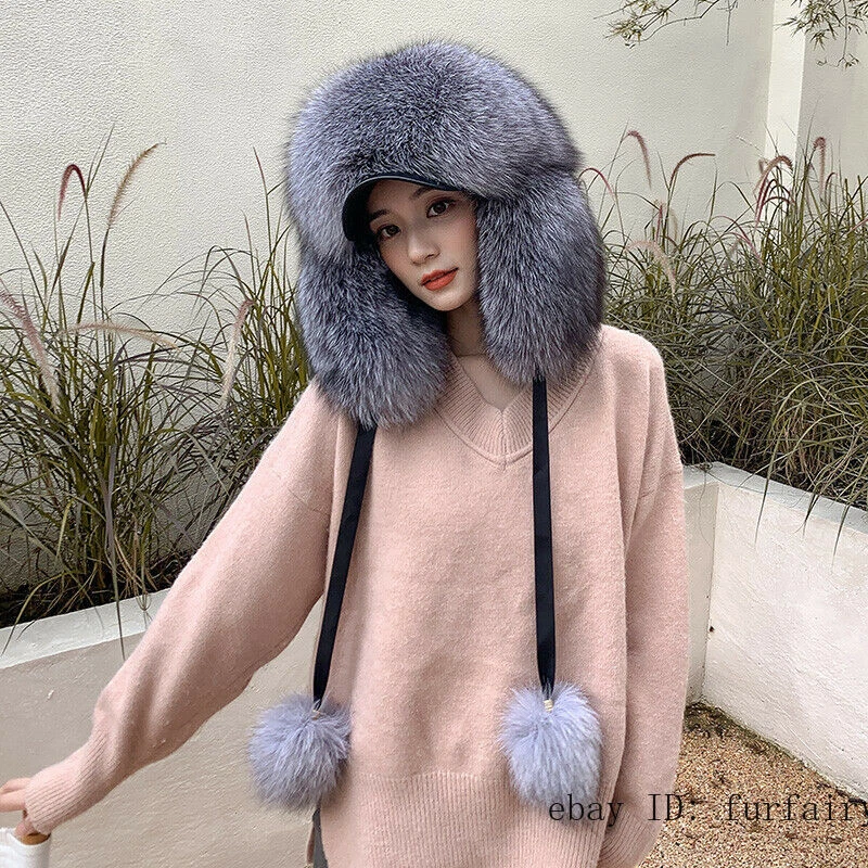 Полностью покрытый реальный лисий мех шляпа Rccoon меха русский Ушанка казачий наушник 2 помпоны - Изображение 1 из 1