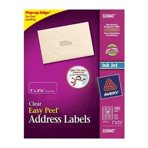 Etiquetas de dirección de fácil pelación Avery Clear 1 x 2-5/8 borde emergente inyección de tinta 390Pk 32660 - Imagen 1 de 5