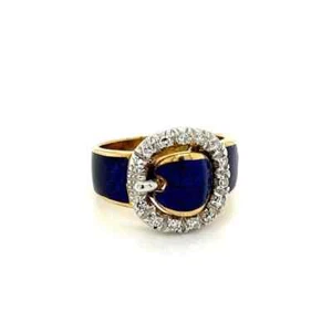 Blue Enamel and Diamond Vintage Gold Buckle Ring - Picture 1 of 6