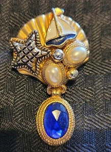 PENDANT Hand Crafted Nautical Theme Sailboat Star Shell Pearls Vintage Collage - Picture 1 of 10