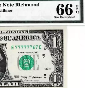 NEAR SOLID BOEING 767 S/N 77777767 $1 2009 Federal Reserve note Fr. 1934-E PMG - Picture 1 of 3