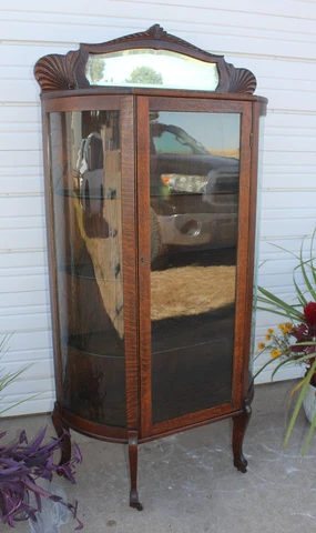 Quartersawn Carved Oak Curved Glass China Display Cabinet Bevel Mirror Antique Cover
