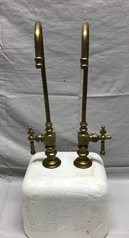Antique Pair Brass Gooseneck Vintage Sink Faucets T Handles Old 617-23B Cover