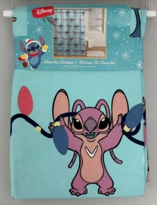 Disney Stitch & Angel con Luces de Navidad 100% Tela Algodón Cortina de Ducha Azul Foto 1 de 4