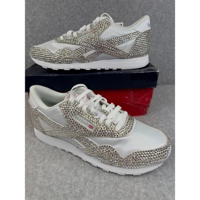 Reebok Classic White Bling Rhinestone Embellished Custom Sneakers Size 9 - Image 1 of 4
