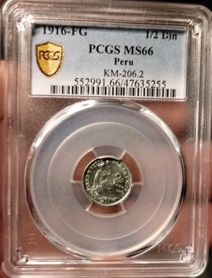 Peru 1916 FG 1/2 Dinero PCGS MS66, Looks Superb Gem Blast White  - Image 1 of 2
