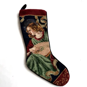 Calza natalizia vintage punto ago angelo musicista liuto francese velluto cimelio blu - Foto 1 di 7