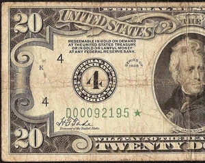 STAR 1928 $20 NUMBER 4 SEAL GOLD ON DEMAND FEDERAL RESERVE NOTE PAPER MONEY - Picture 1 of 3