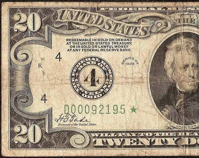 STAR 1928 $20 NUMBER 4 SEAL GOLD ON DEMAND FEDERAL RESERVE NOTE PAPER MONEY - Image 1 of 3