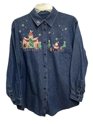 Karen Scott Vintage Denim Shirt Womens 1XL Appliqué Embroider Santa and Church - Image 1 of 4