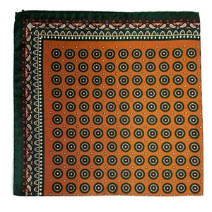 17" Burnt Orange / Green Geometric Silk Twill Pocket Square (Handmade in Italy) - Picture 1 of 7