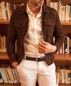 Giacca uomo vera pelle di agnello marrone scamosciata slim fit biker moto pelle - Foto 1 di 10