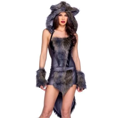 Big Bad Wolf Costume Faux Fur Hooded Corset Top Ears Mini Skirt Tail Furry 6351 - Image 1 of 4