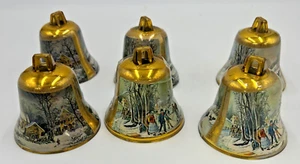 6 Vintage Currier und Ives Weihnachten Glockenförmige Ornamente 3" Gold - Bild 1 von 6