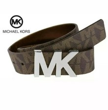 Michael Kors Women's Signature MK Silver Logo Buckle Belt Brown Size M New 