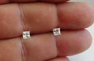 14K WHITE GOLD STUD EARRINGS .50 CT PRINCESS CUT SIMULATED DIAMONDS/ 4.5MM  - Picture 1 of 5