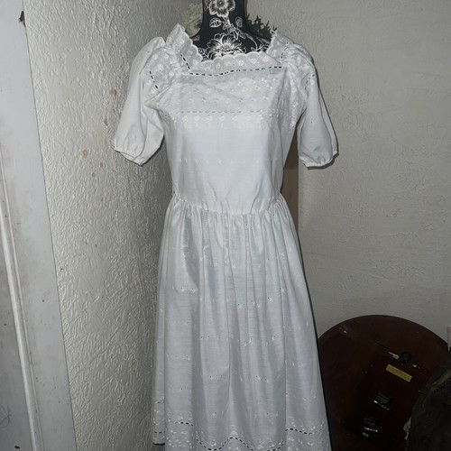 OFF WHITE Abito midi vintage anni '80 bianco cottagecore praire occhiello manica a sbuffo in pizzo piccolo